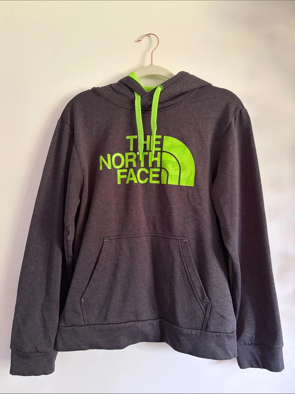 The North Face Charcoal Hoodie with Neon Green Logo